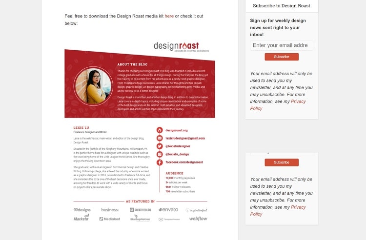 Designroast press kit page example