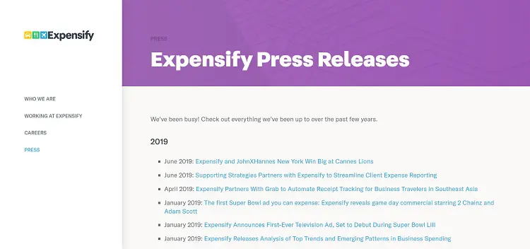 Expensify press kit page example
